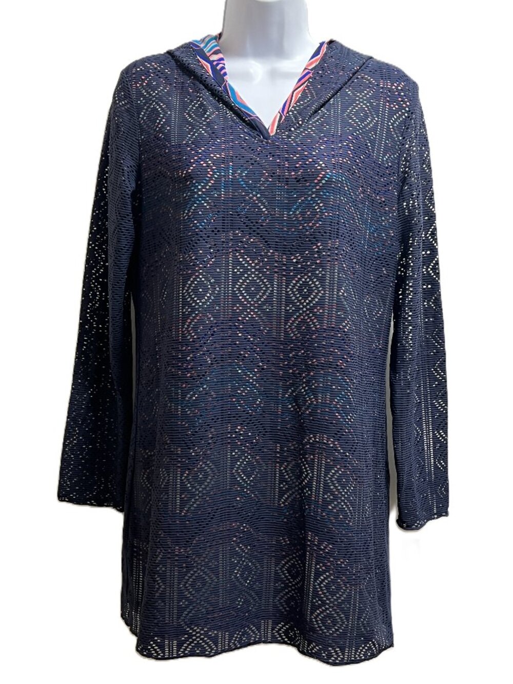 Resort Wear Beachy Title Nine Amphib Laser-cut Hooded Tunic Swim Cover-up Size M